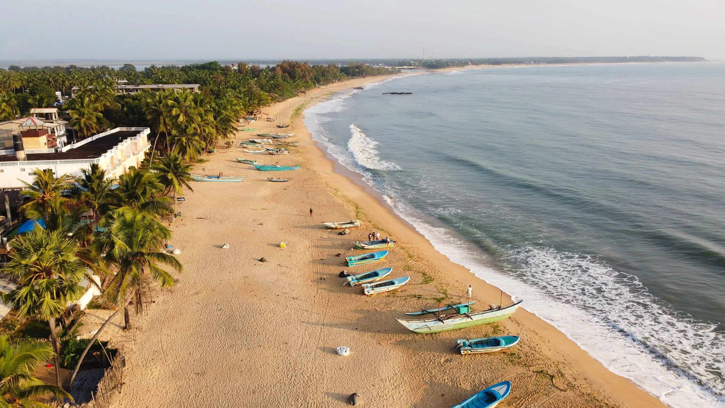 Aerial view of the beach and fishing boats at Arugam Bay